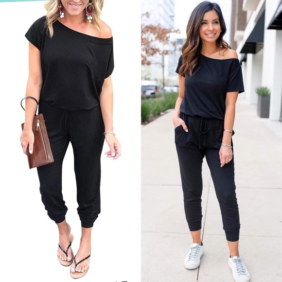 PRETTYGARDEN Black Off Shoulder Jumpsuit Romper Elastic Waist Pockets NWT Small - Picture 1 of 12